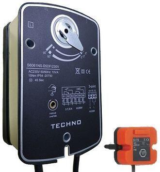 TECHNO SF-05AFS/24V привод противопожарный с возвратной пружиной, датчик температуры, аналогового управления 0-10V, с концевыми выключателями, 5Nm, 24В